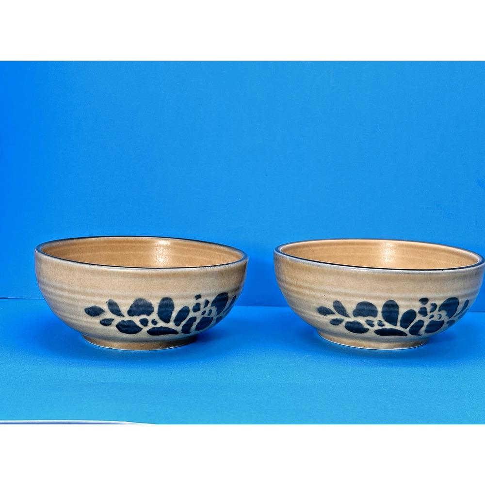Vintage 2pc Pfaltzgraff Folkart SToneware Bowls 008 800 small Brown Blue Floral